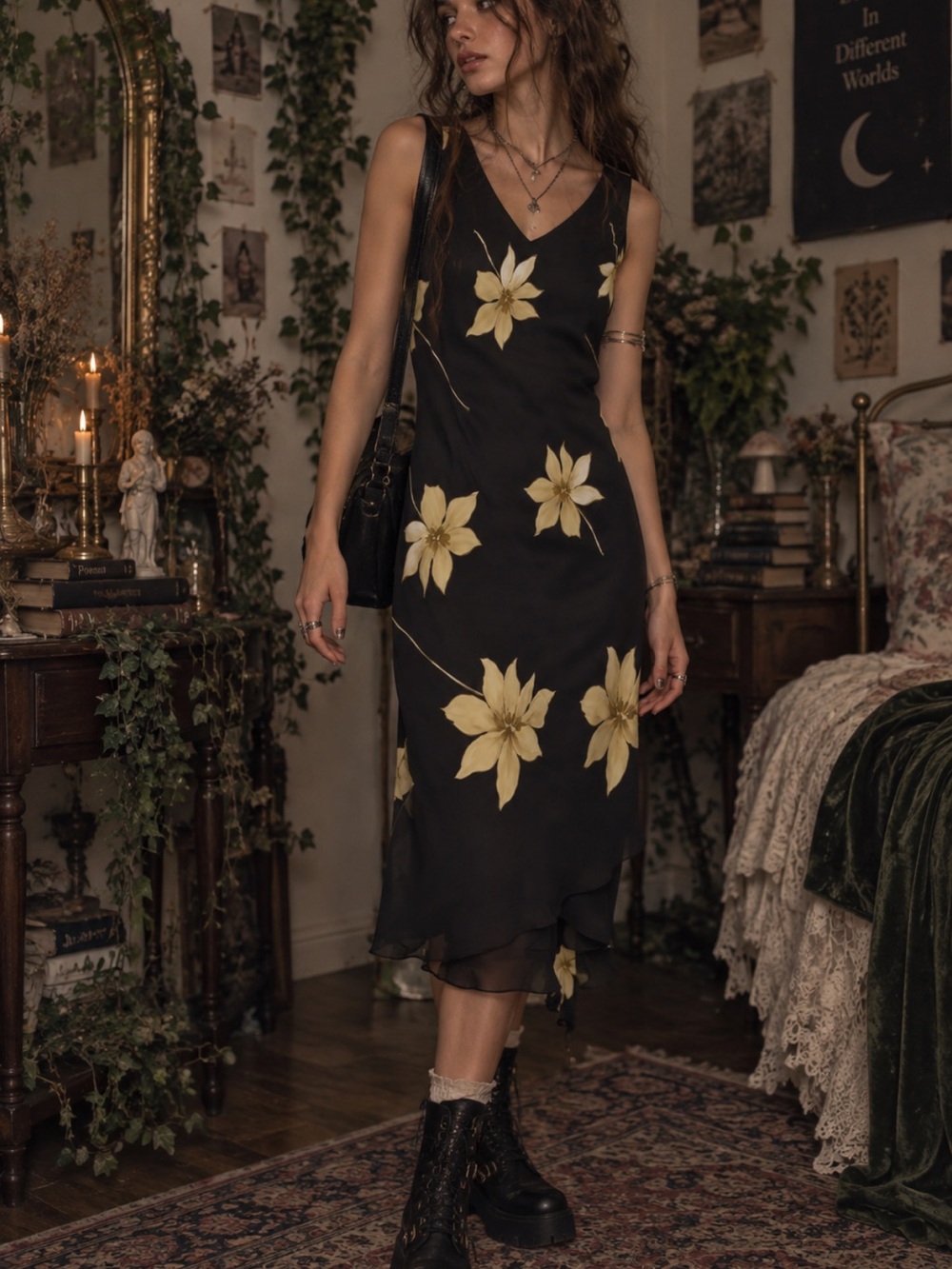 Studio 1 Y2K Black Floral Fairy Grunge Whimsigoth midi Dress